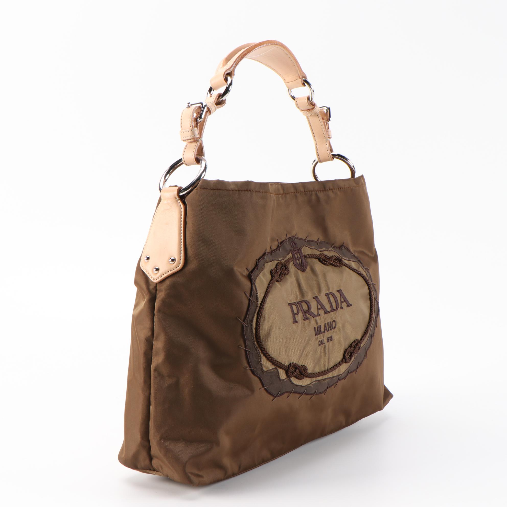Prada Embroidered and Appliquéd Logo Tote Bag in Brown Nylon with Leather Trim