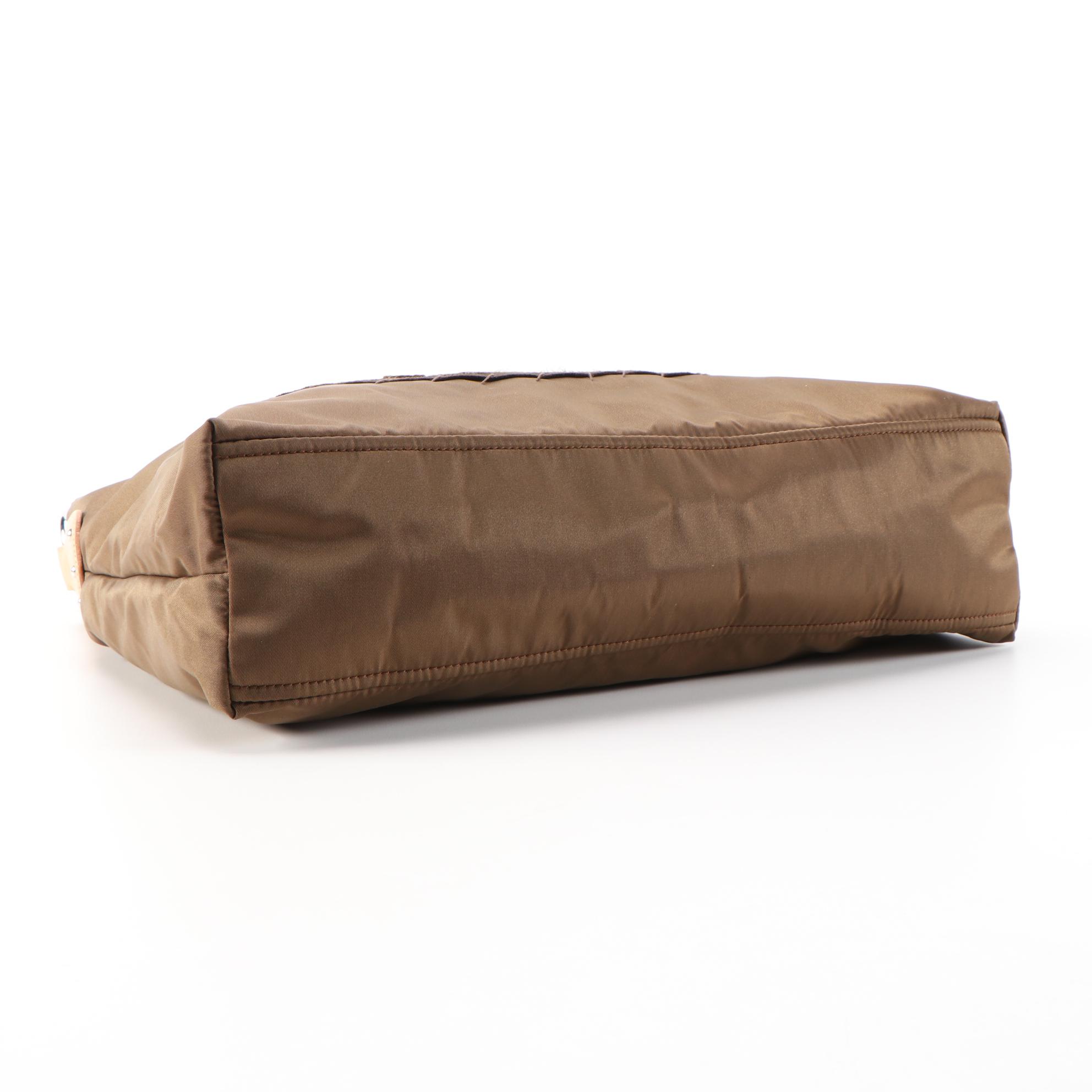 Prada Embroidered and Appliquéd Logo Tote Bag in Brown Nylon with Leather Trim