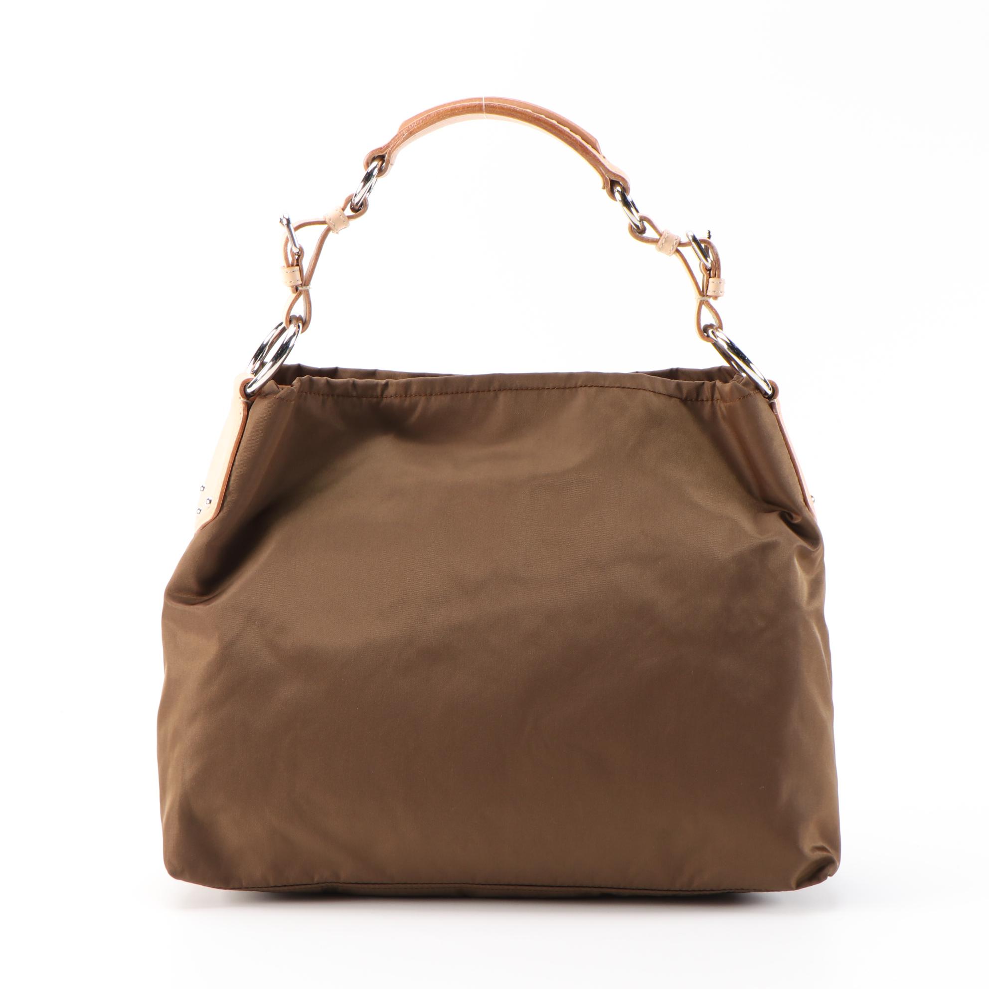 Prada Embroidered and Appliquéd Logo Tote Bag in Brown Nylon with Leather Trim