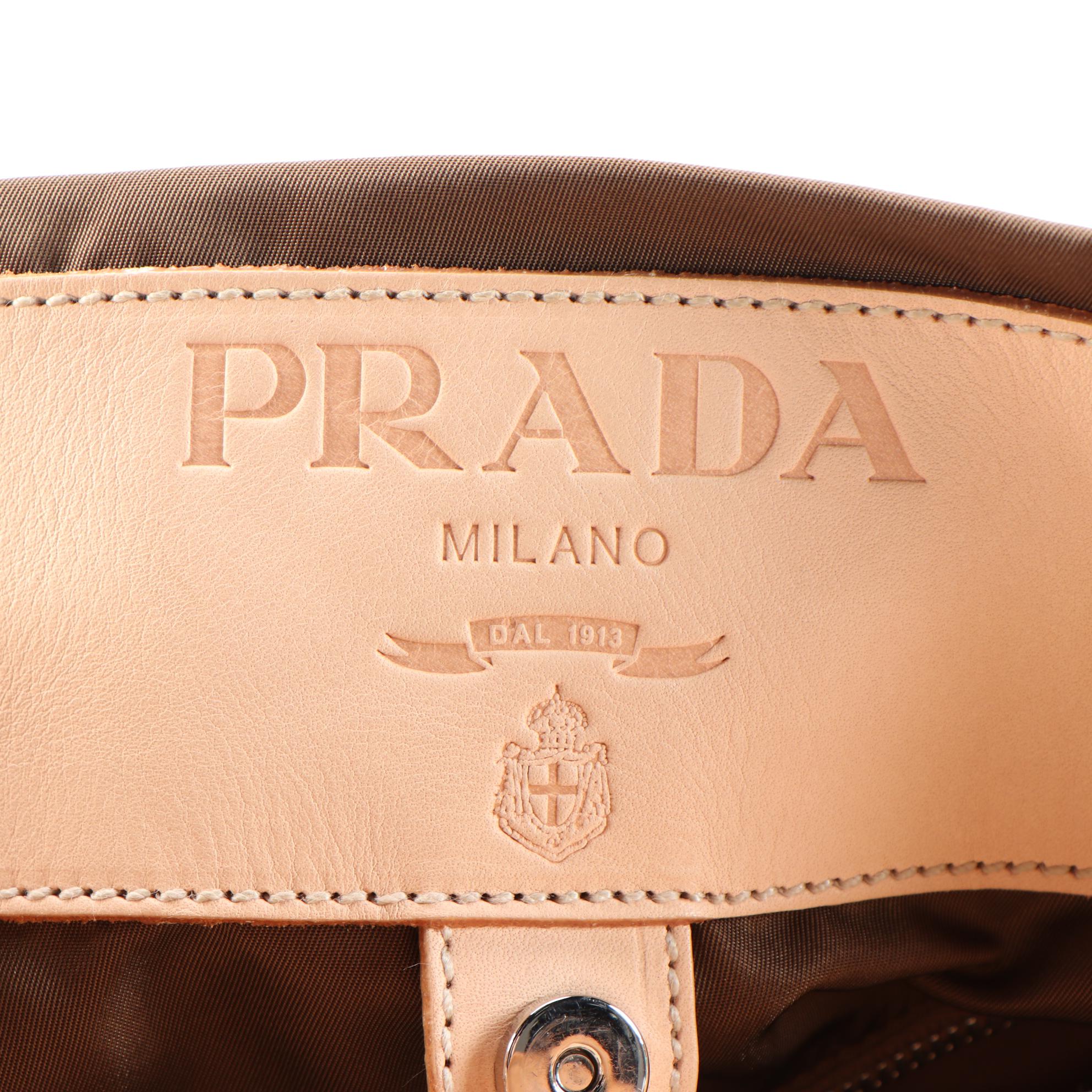 Prada Embroidered and Appliquéd Logo Tote Bag in Brown Nylon with Leather Trim