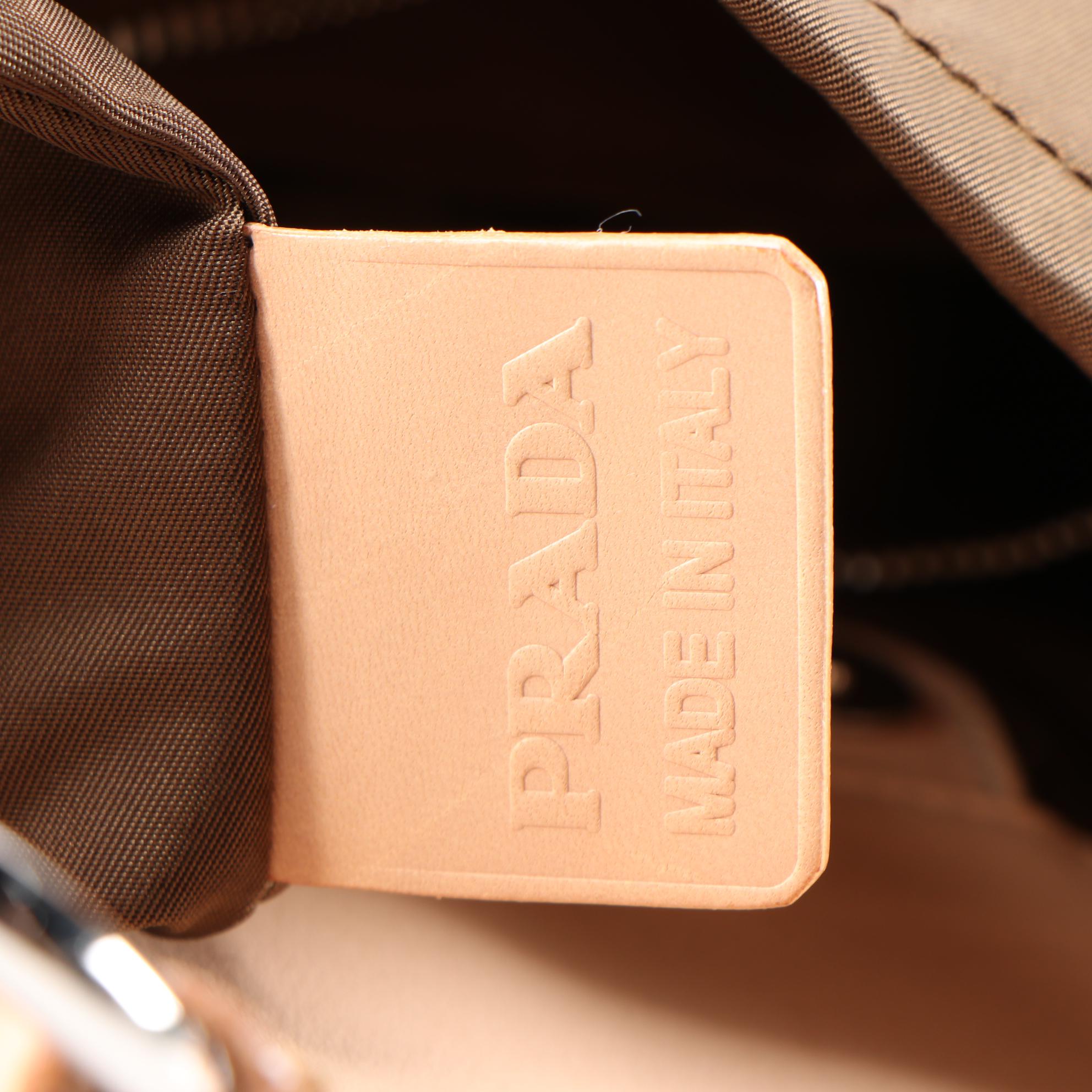 Prada Embroidered and Appliquéd Logo Tote Bag in Brown Nylon with Leather Trim