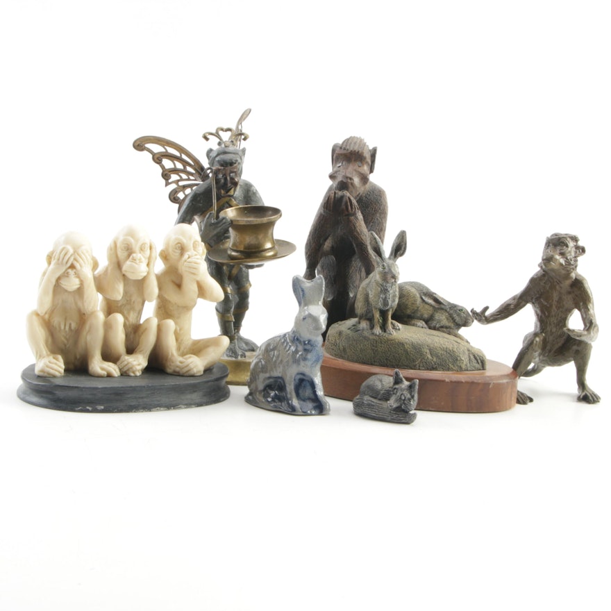 Levenger Bronze Monkey Pen Holder, Rowe Pottery Rabbit, and Animal Figurines