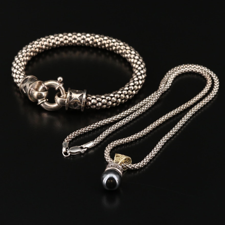 Sterling Imitation Hematite Pendant Necklace with 18K Bail and Sterling Bracelet
