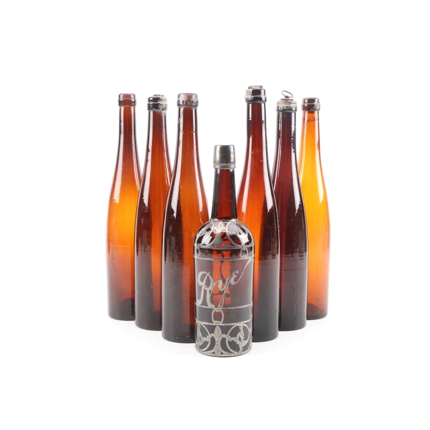 Pewter Trim Whiskey Rye and Amber Beverage Bottles, Early to Mid 20th Century