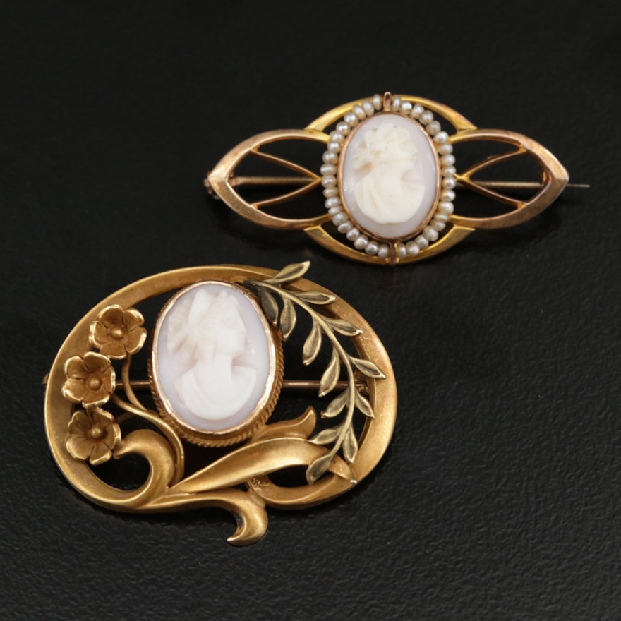 Art Nouveau 10K Cameo Shell Brooches