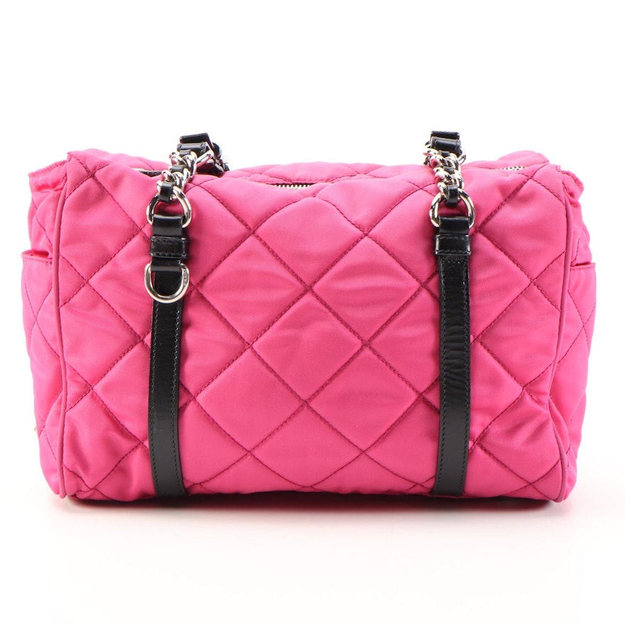Prada Fuchsia Quilted Nylon and Black Leather Trimmed Chain Strap Shoulder Bag