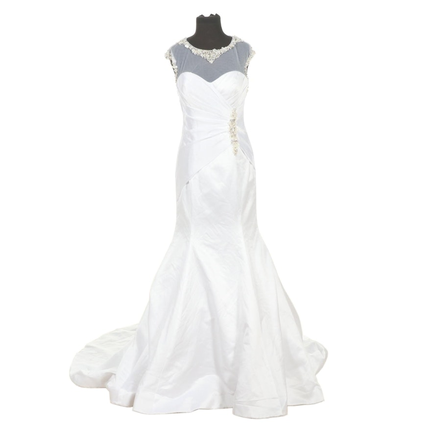 Mary's Bridal Embellished Illusion Yoke and White Satin Trumpet Bridal Gown