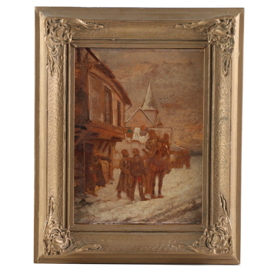 Oil Painting of Winter Village Scene, Late 19th Century