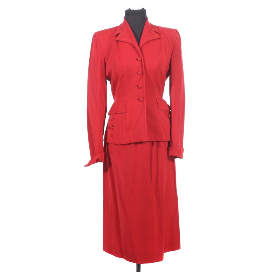 Victory Style Red Wool Blend Skirt Suit, 1940s Vintage