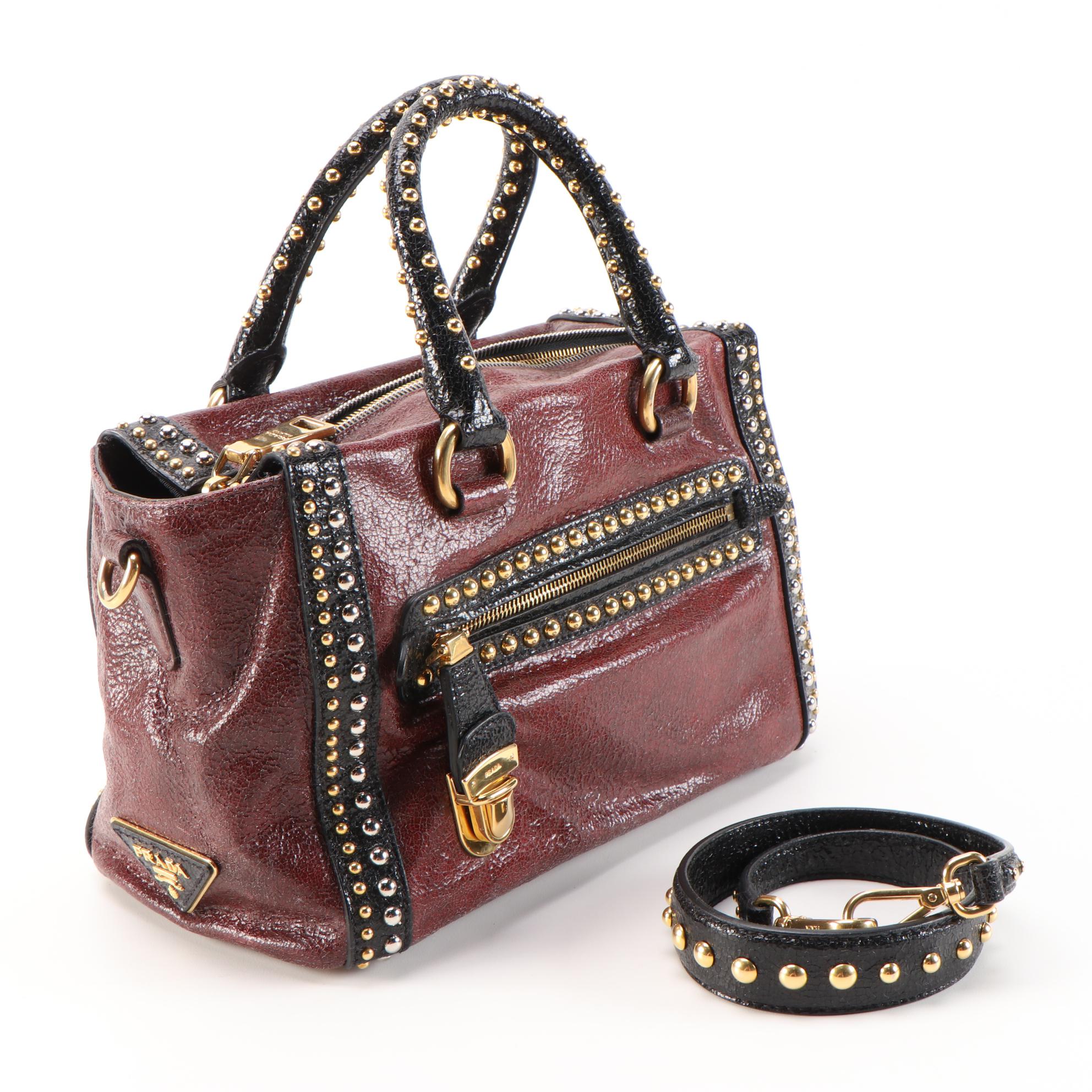 Prada Talco Craquele Leather Studded Bauletto Bag