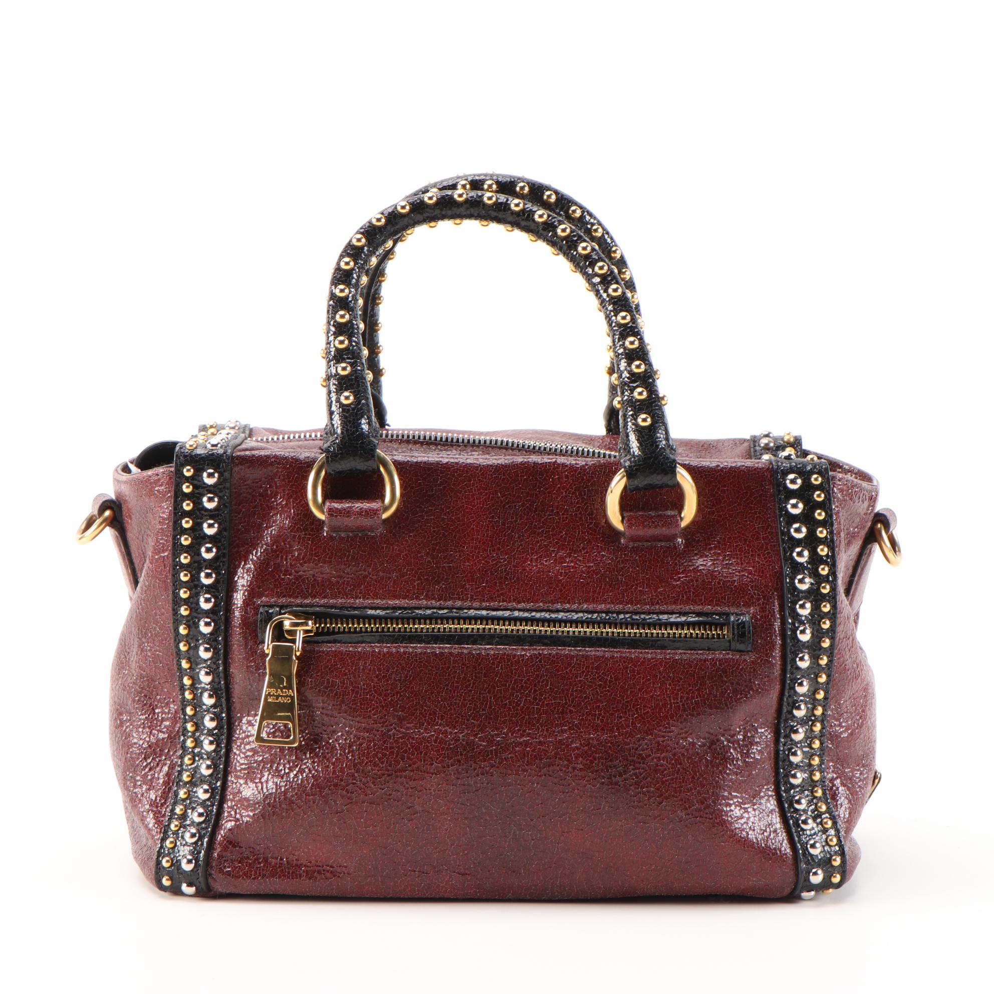 Prada Talco Craquele Leather Studded Bauletto Bag