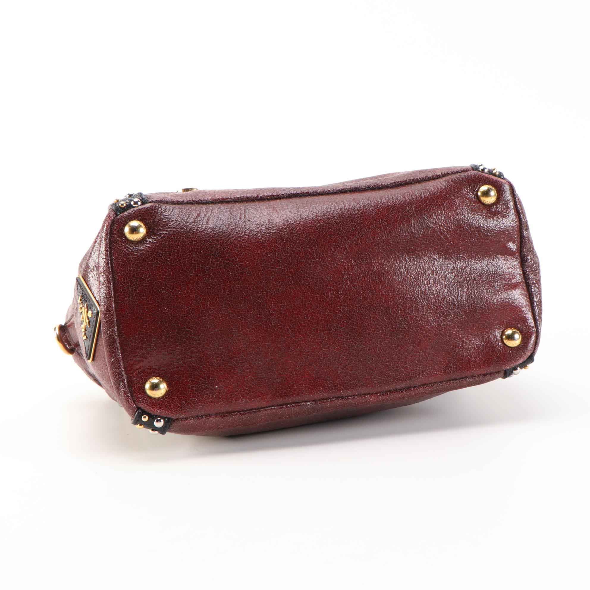 Prada Talco Craquele Leather Studded Bauletto Bag