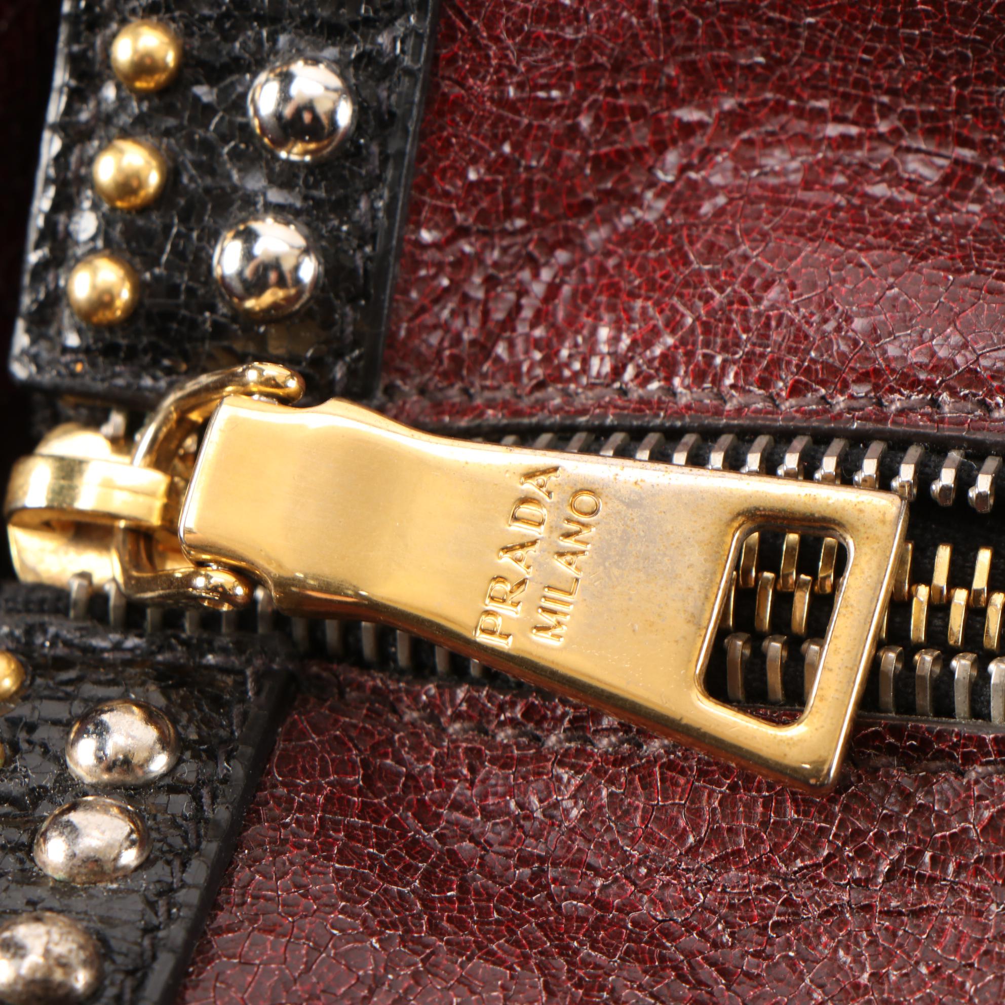 Prada Talco Craquele Leather Studded Bauletto Bag