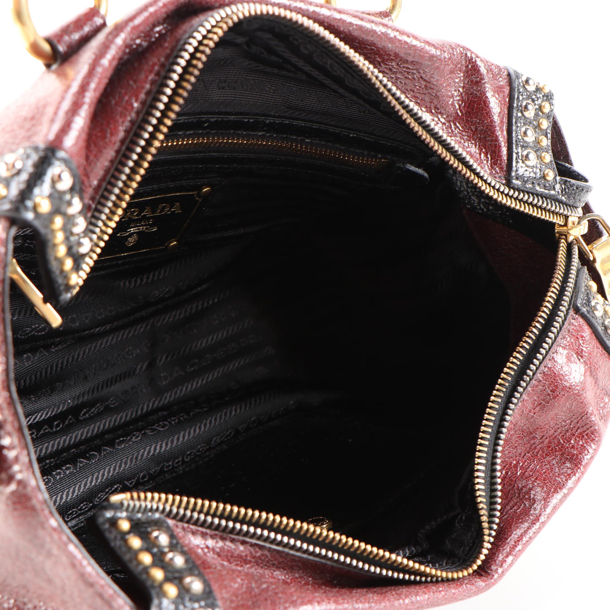 Prada Talco Craquele Leather Studded Bauletto Bag