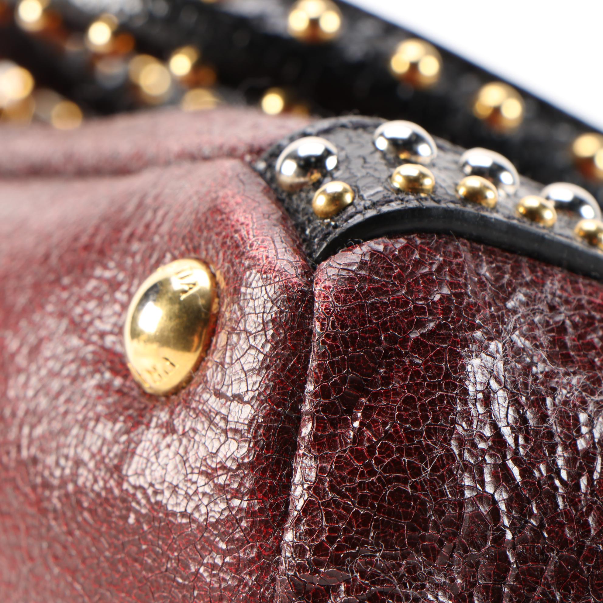 Prada Talco Craquele Leather Studded Bauletto Bag