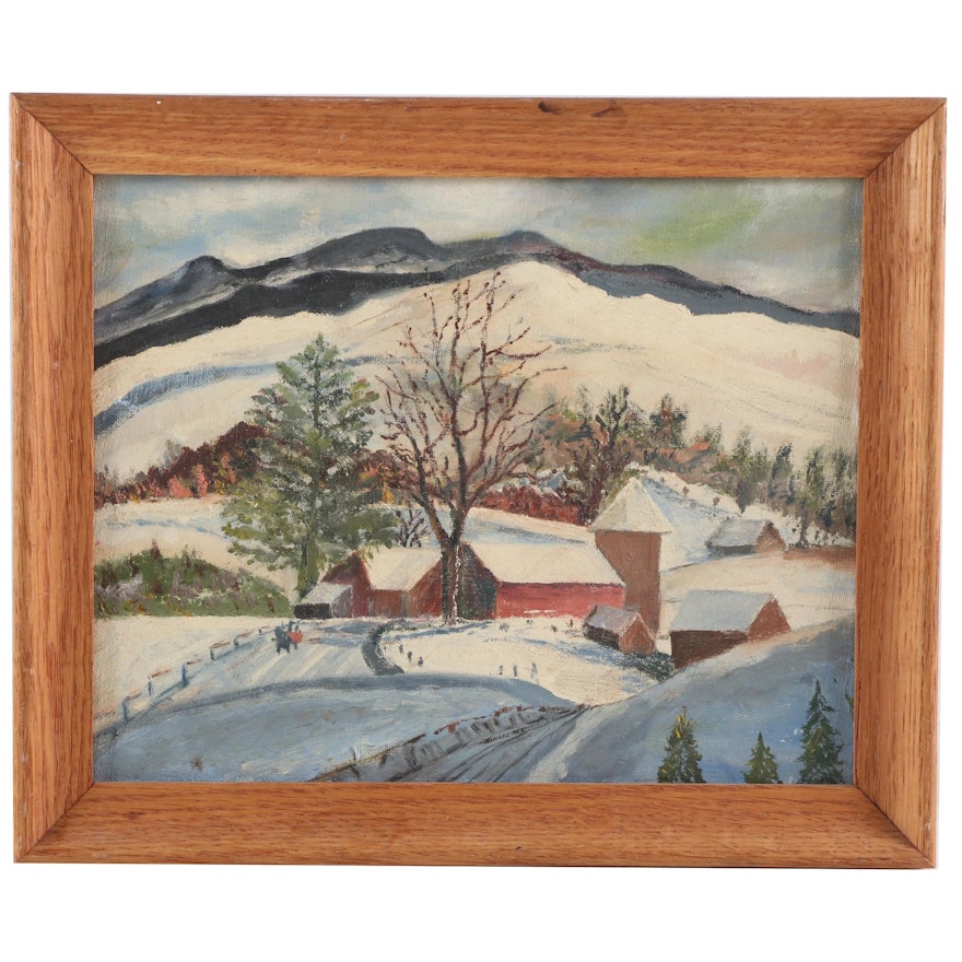 Winter Landscape Oil Painting, Mid-20th Century