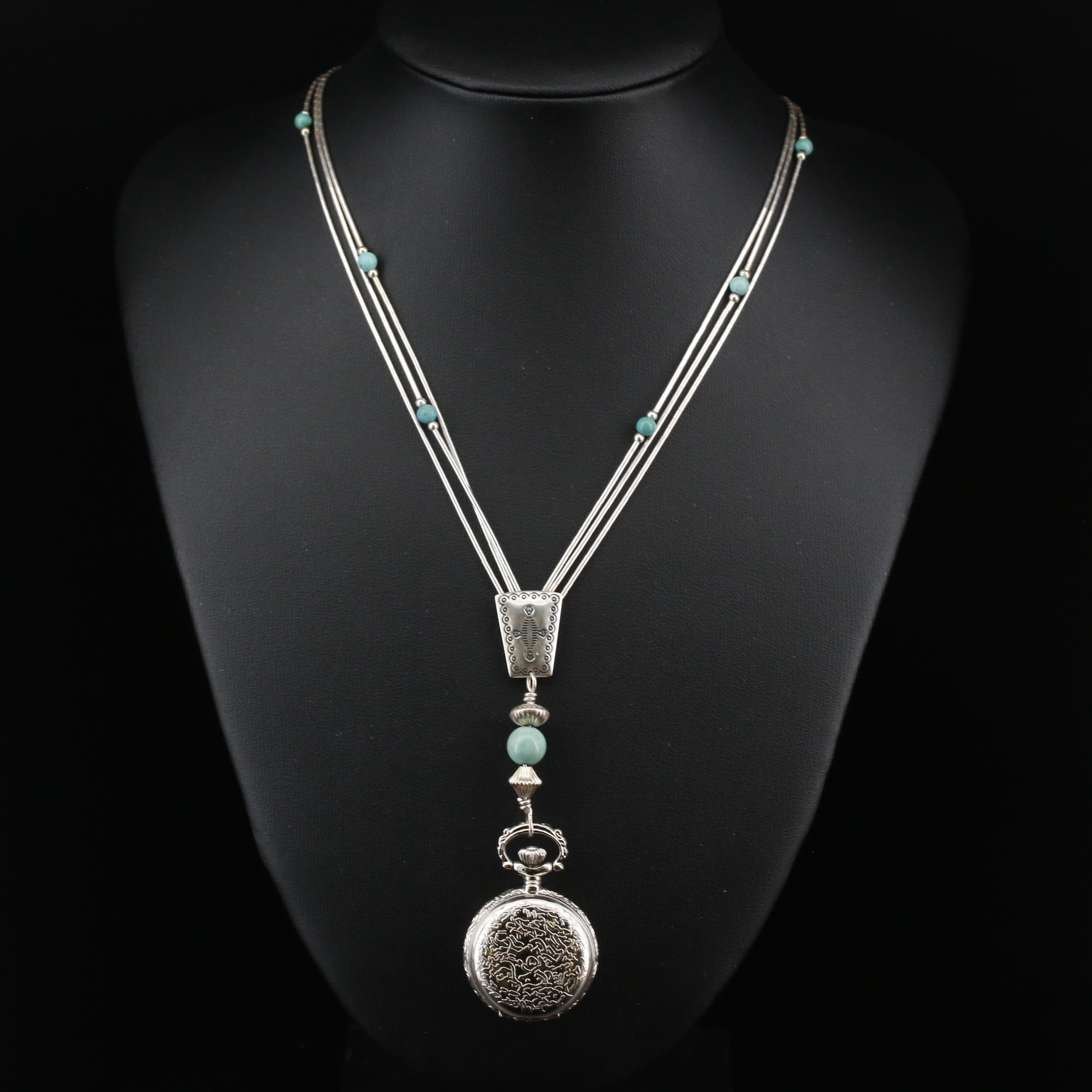 Carolyn Pollack Liquid Sterling Silver and Turquoise Watch Pendant Necklace