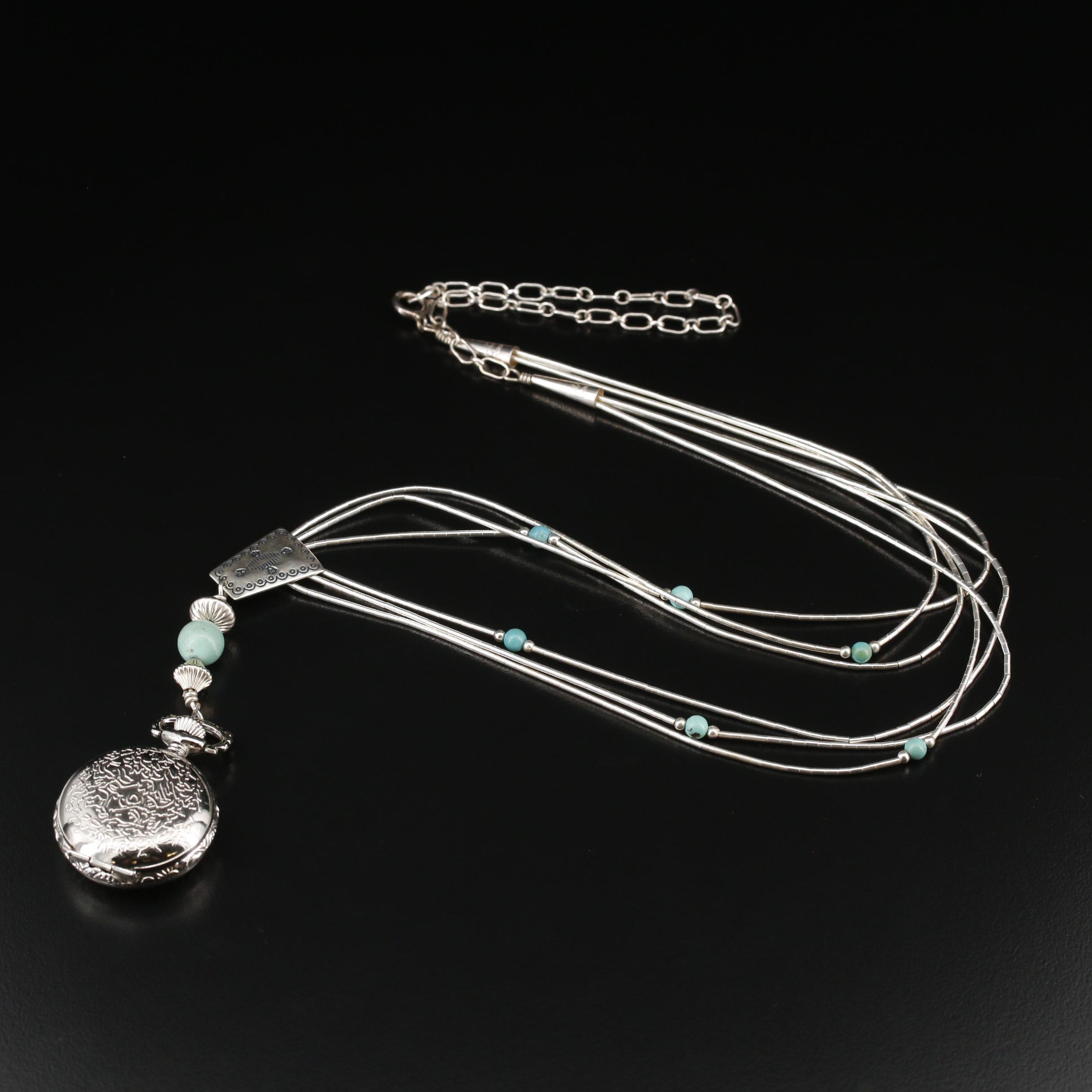 Carolyn Pollack Liquid Sterling Silver and Turquoise Watch Pendant Necklace