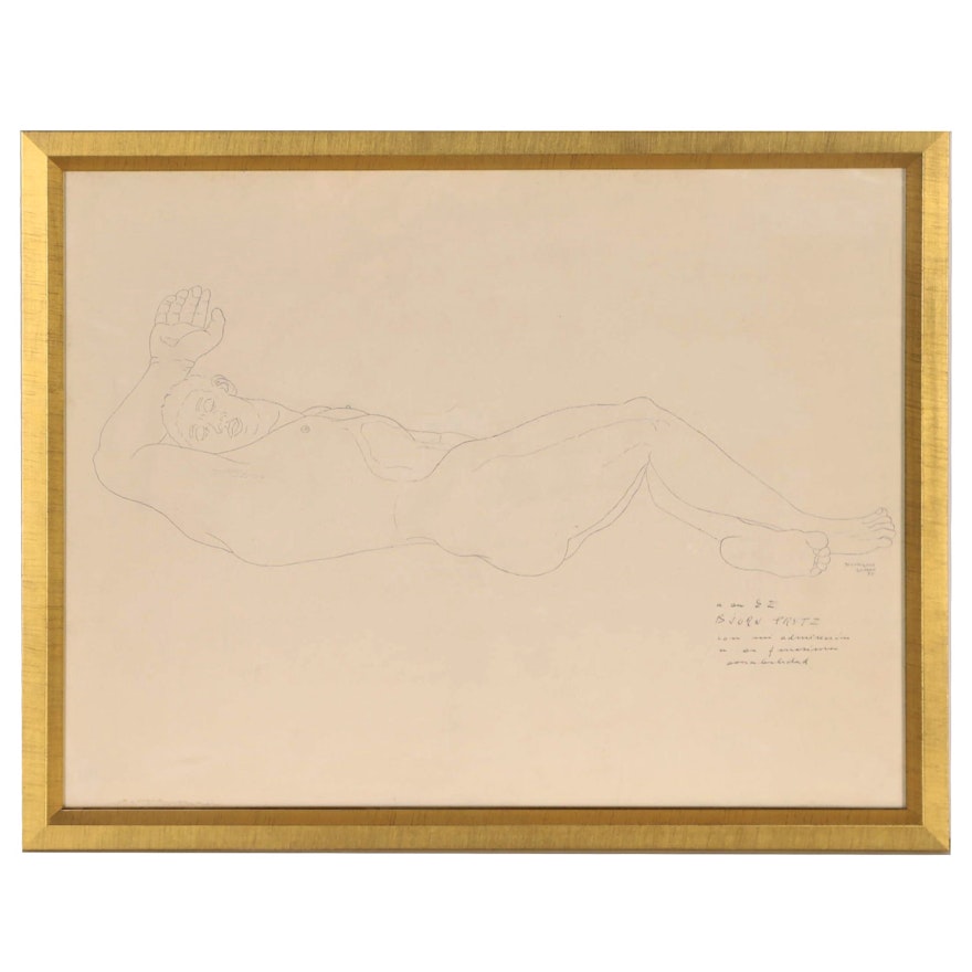 Manuel Rodríguez Lozano Ink Drawing of Reclining Male Nude, 1935
