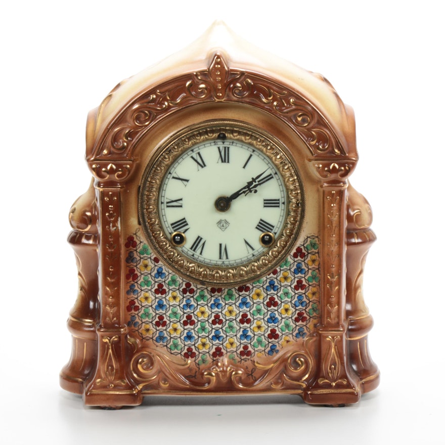 Ansonia Hand Painted Ceramic Mantel Clock, Late 19th Century