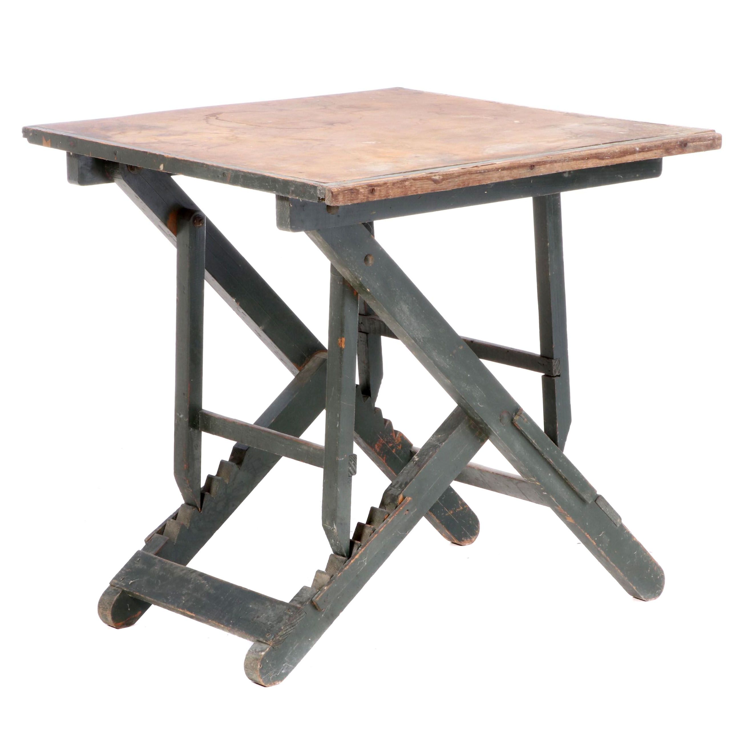 Industrial Green-Painted Folding and Adjustable Work Table with Fiberboard Top