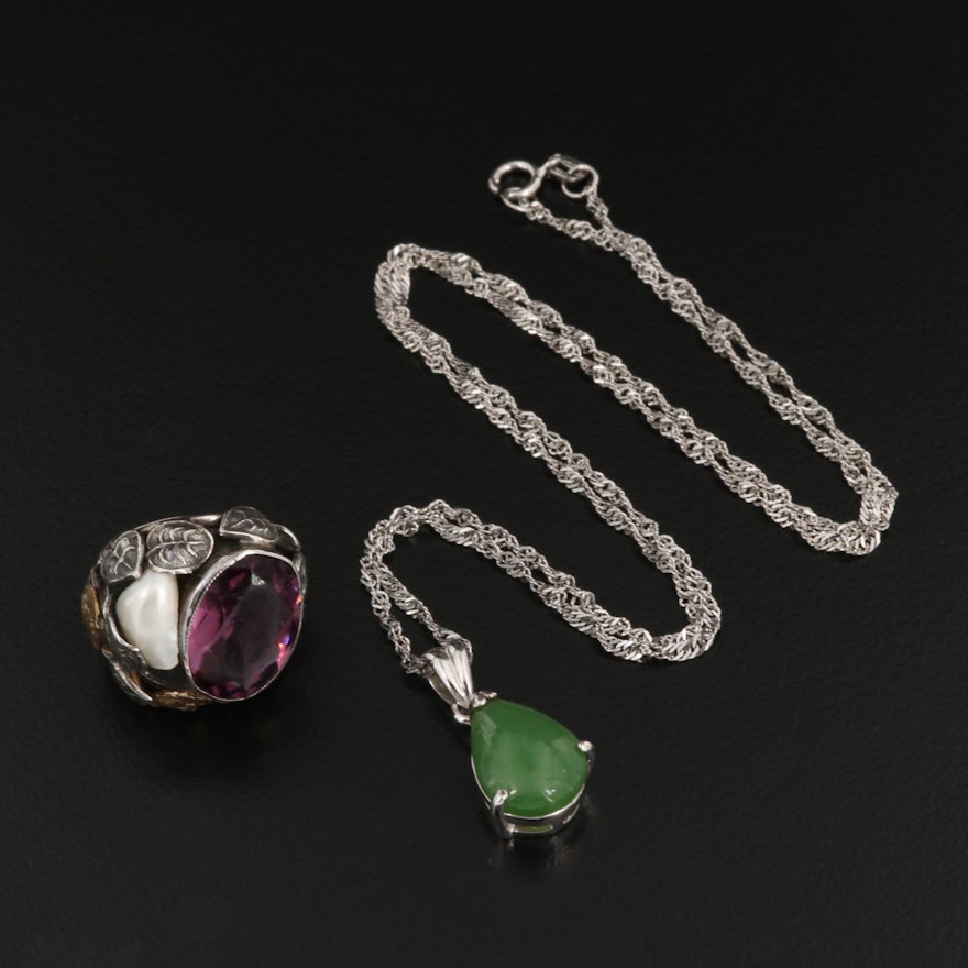 Sterling Silver Necklace and Ring with Cultured Pearl and Nephrite