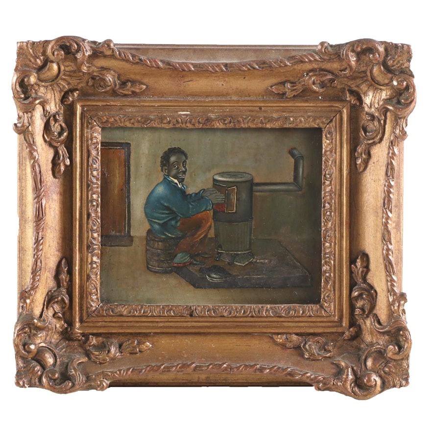 Oil Painting of Man by a Stove, Early 20th Century