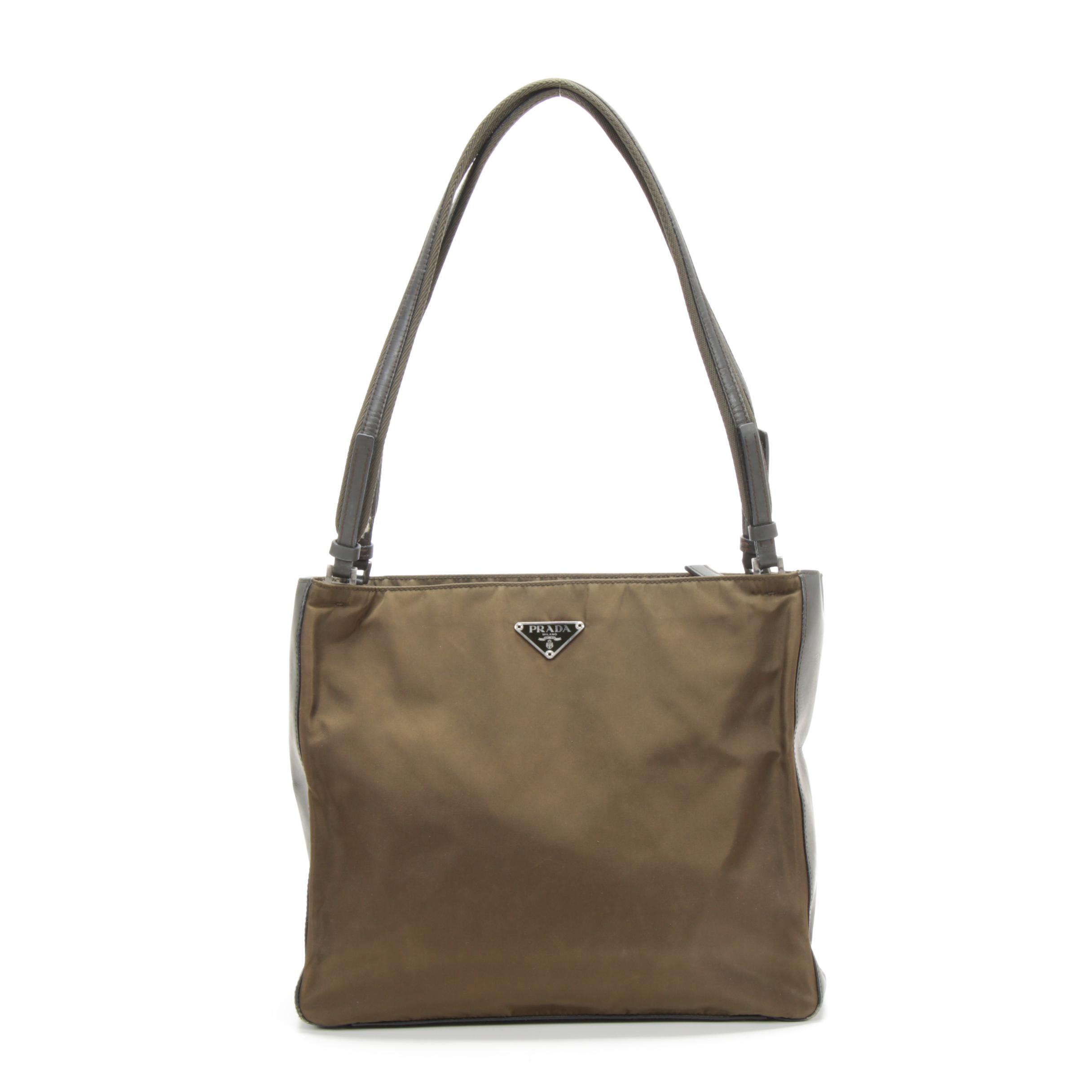 Prada Shoulder Bag in Olive Tessuto Nylon and Grey Leather