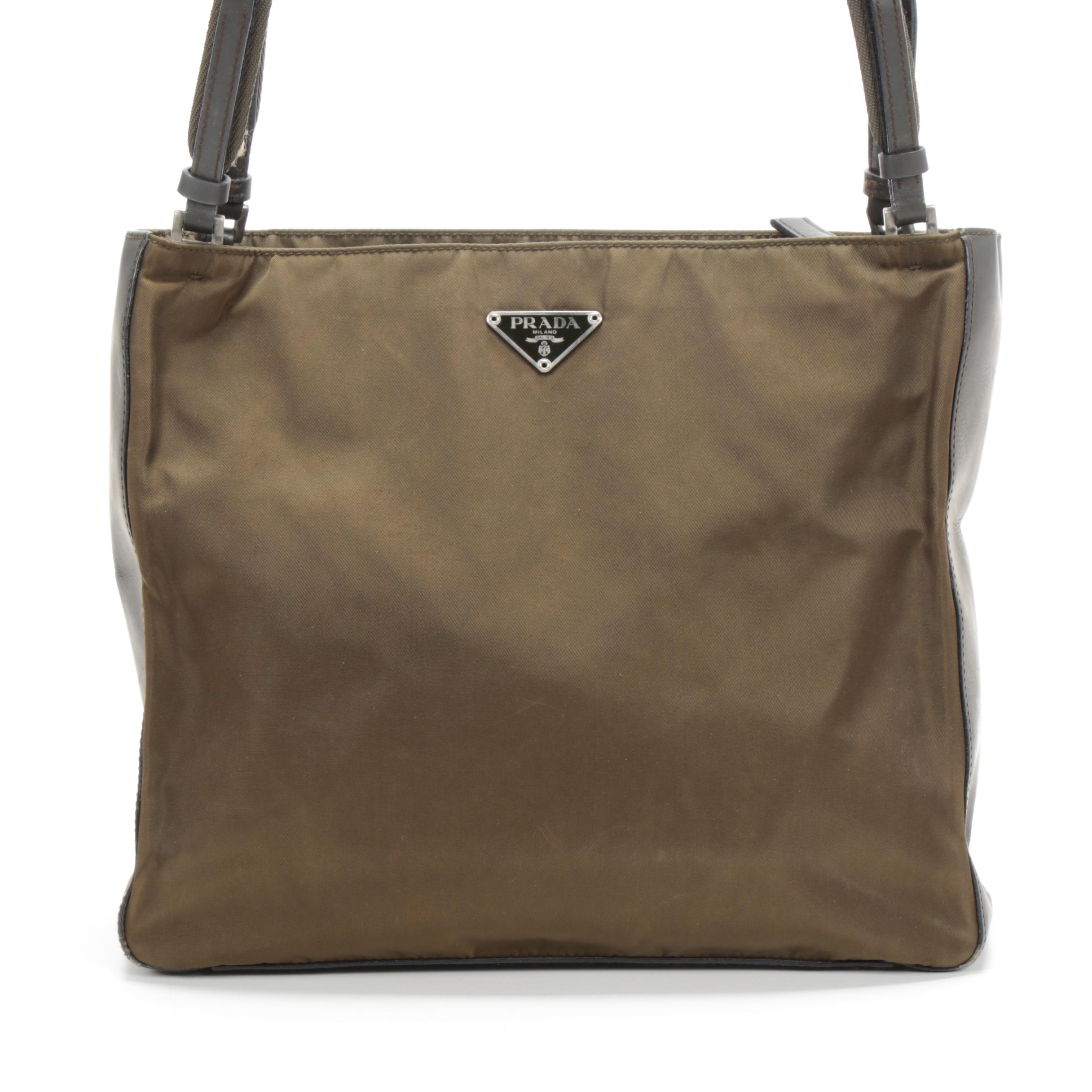 Prada Shoulder Bag in Olive Tessuto Nylon and Grey Leather