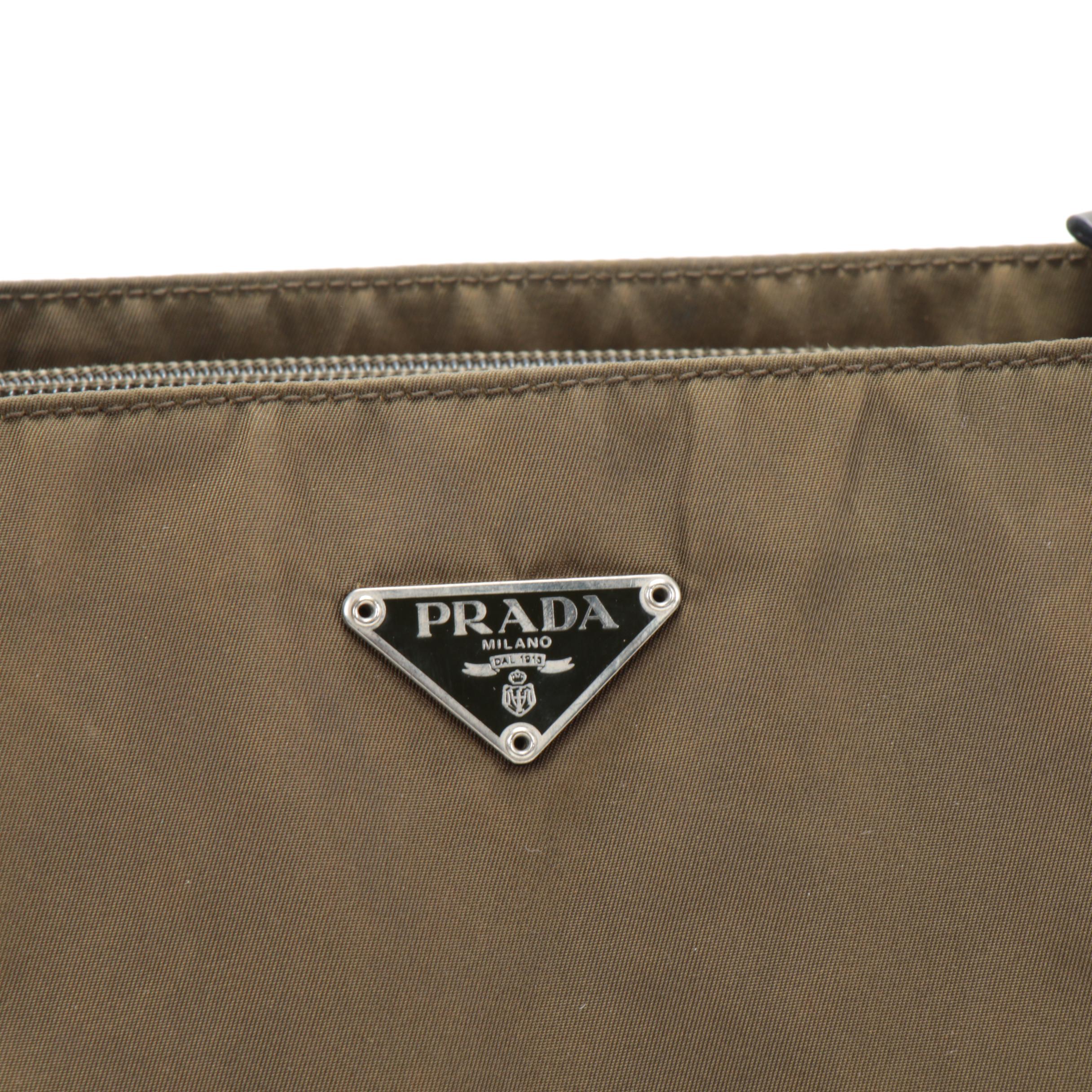 Prada Shoulder Bag in Olive Tessuto Nylon and Grey Leather