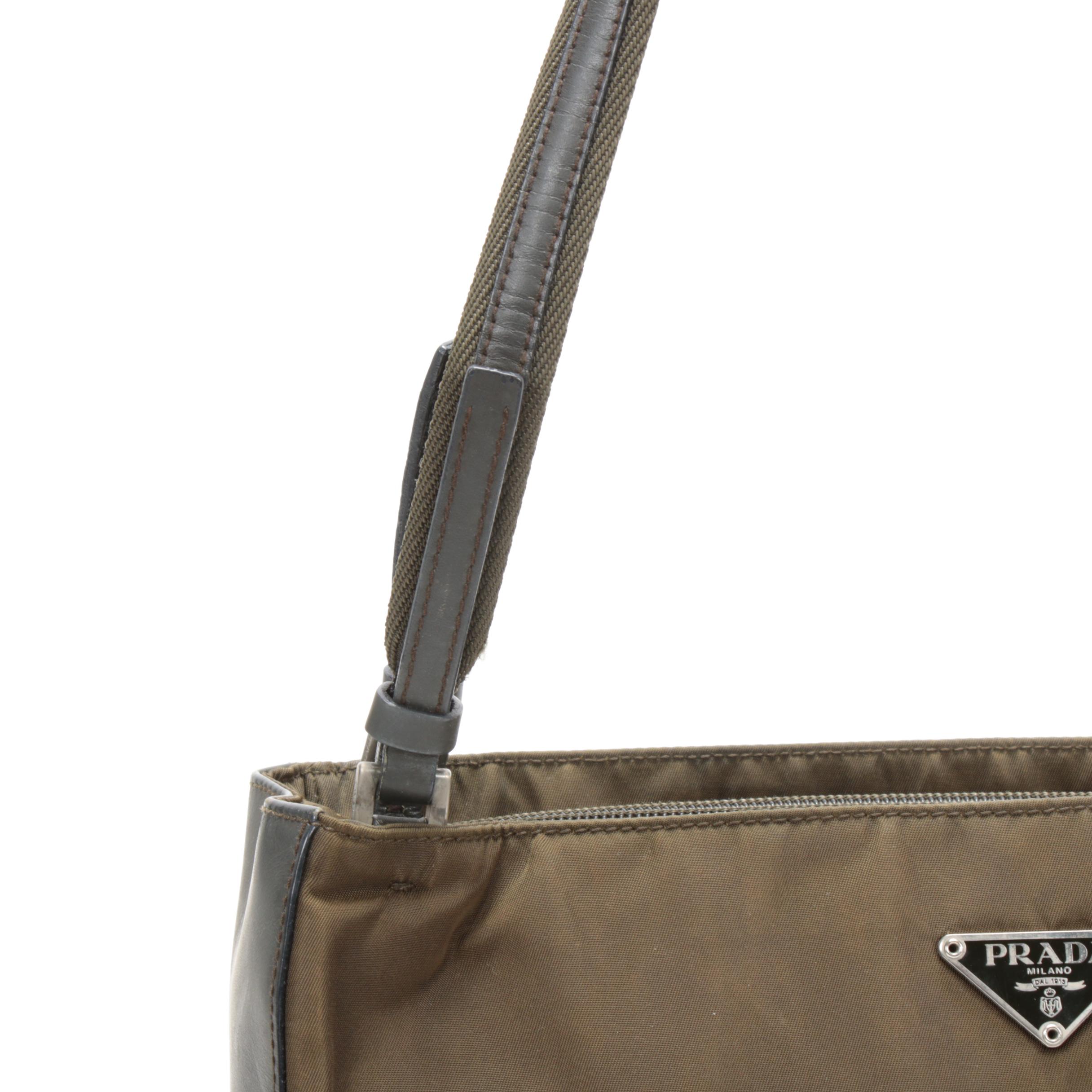 Prada Shoulder Bag in Olive Tessuto Nylon and Grey Leather
