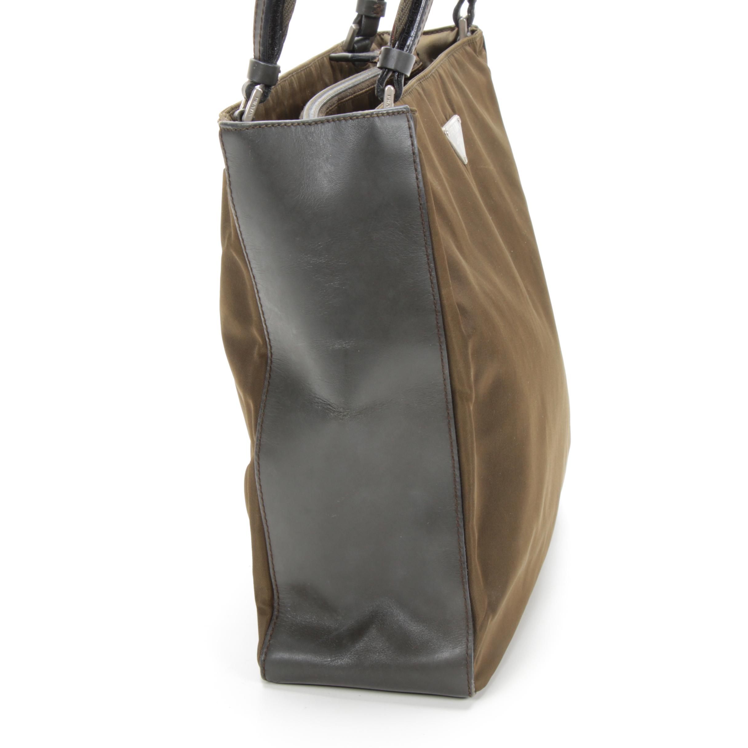 Prada Shoulder Bag in Olive Tessuto Nylon and Grey Leather