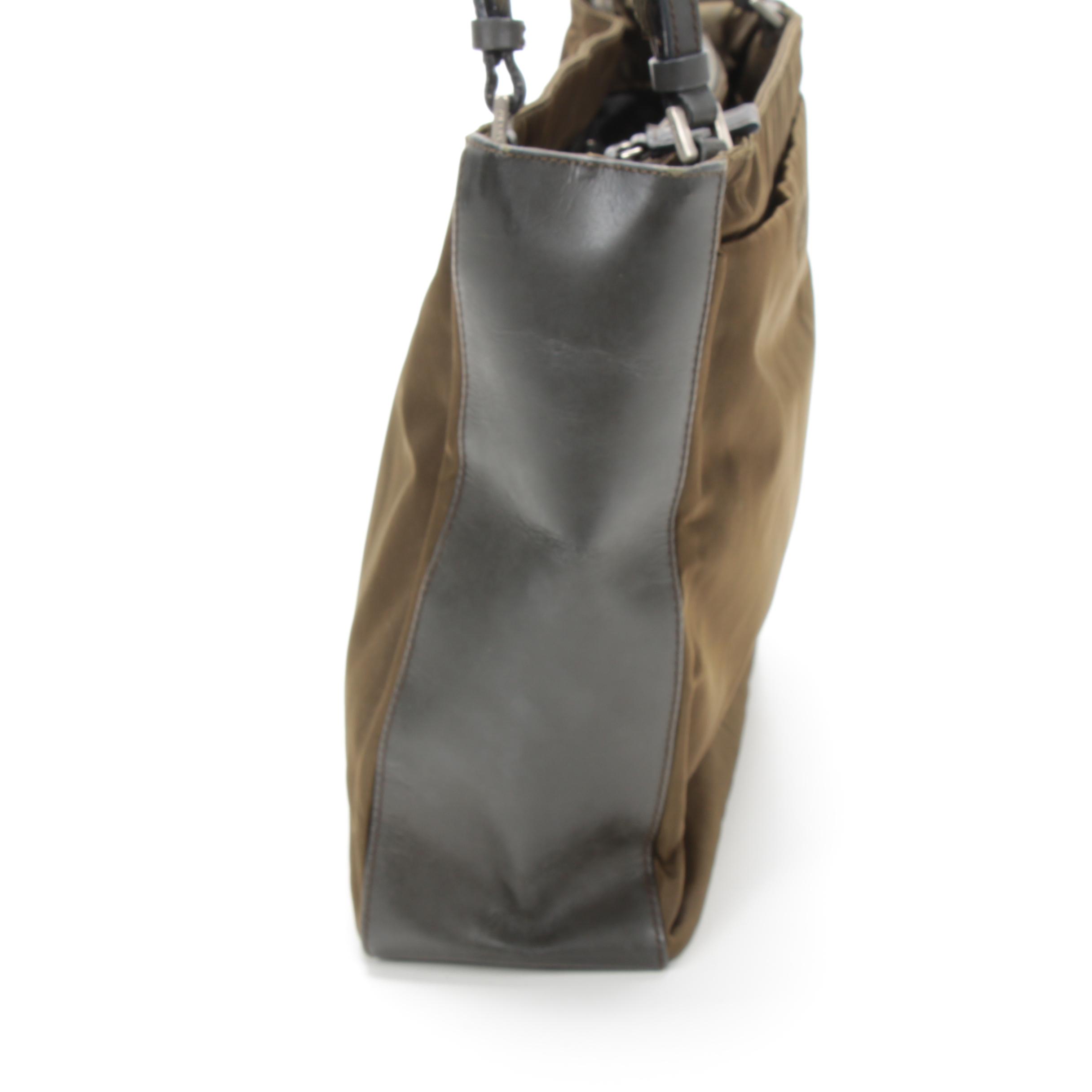 Prada Shoulder Bag in Olive Tessuto Nylon and Grey Leather