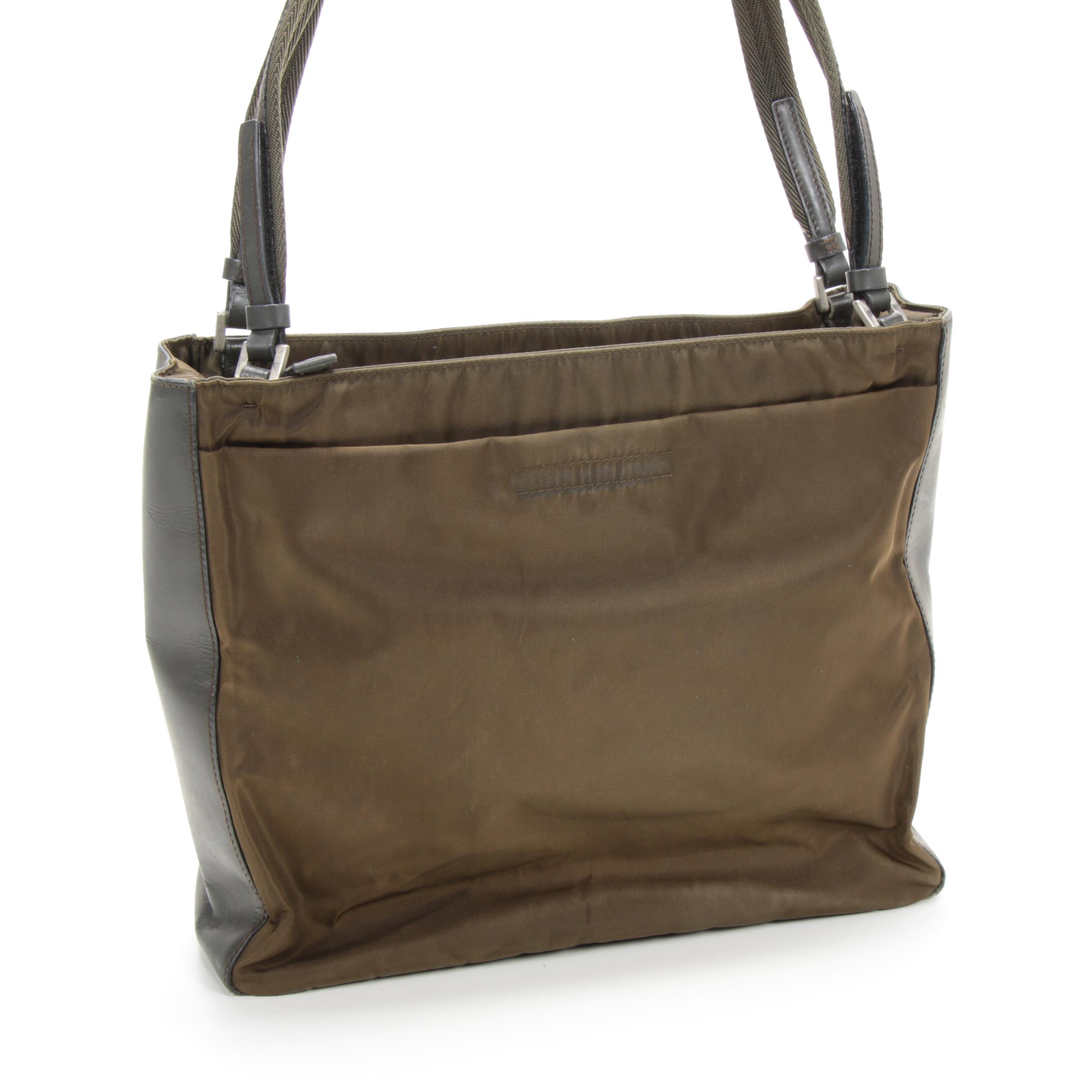 Prada Shoulder Bag in Olive Tessuto Nylon and Grey Leather