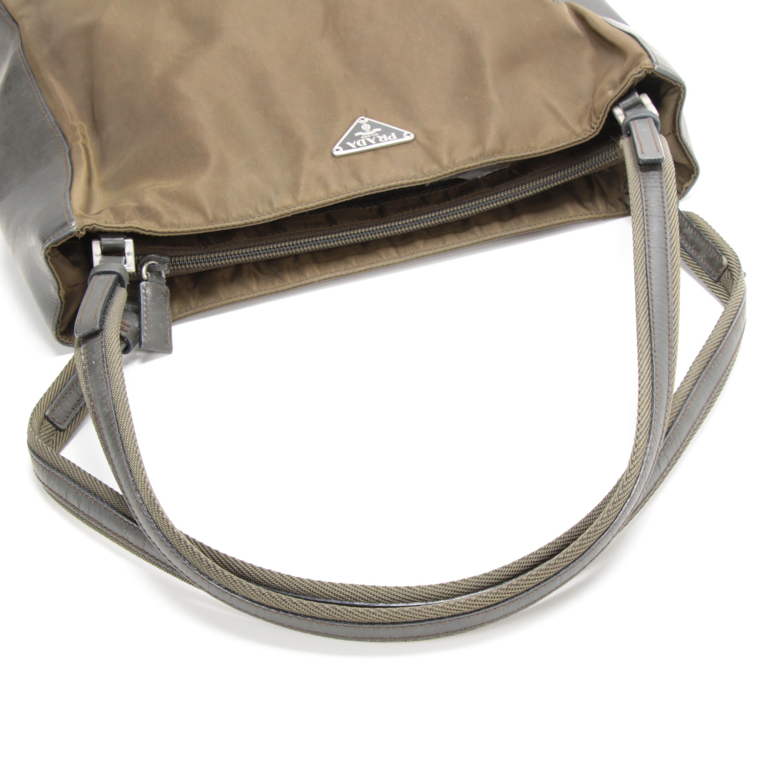 Prada Shoulder Bag in Olive Tessuto Nylon and Grey Leather