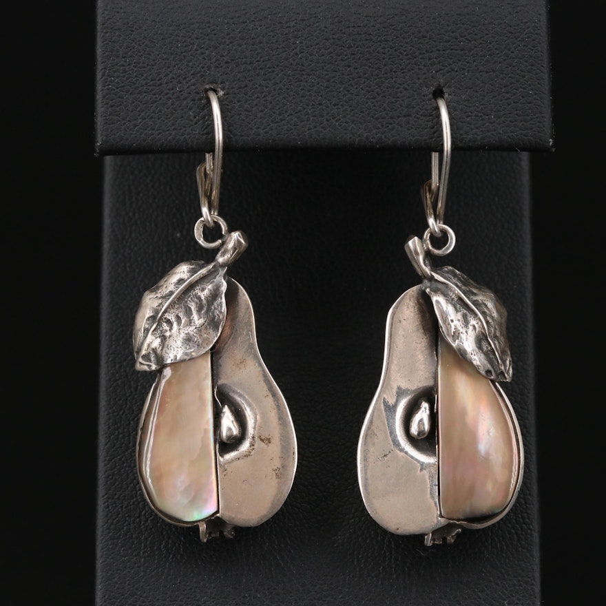 800 Silver Black Mother of Pearl Pear Dangle Earrings