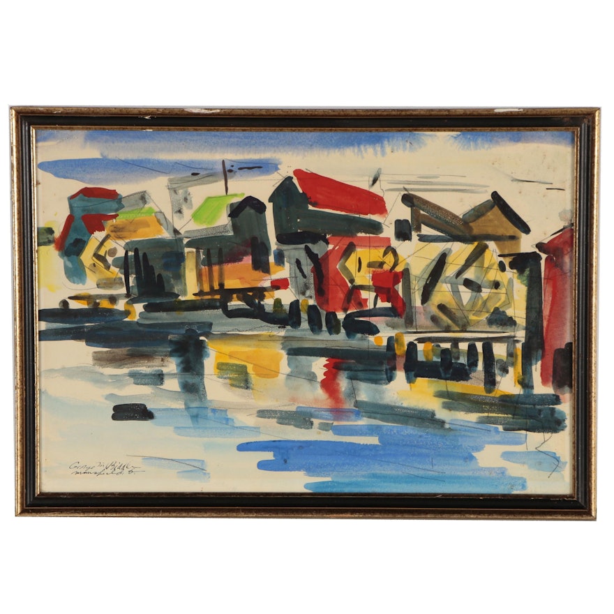 George Martin Biddle Watercolor Painting of an Abstract City Scene