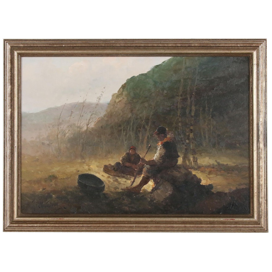 Pastoral Genre Scene Oil Painting, Late 20th Century