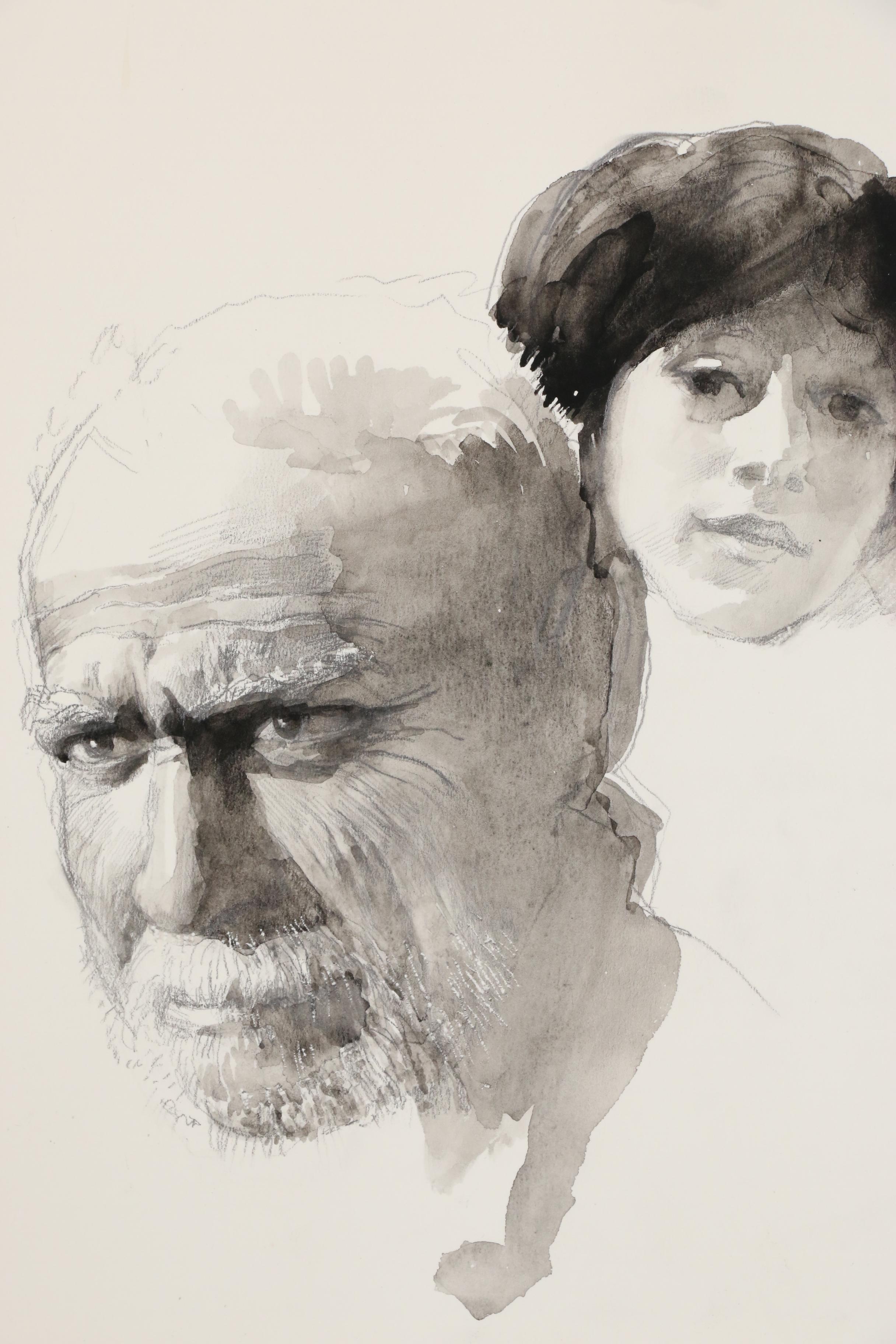 Daniel B. Schwartz Embellished Charcoal Drawings, Mid-Late 20th Century