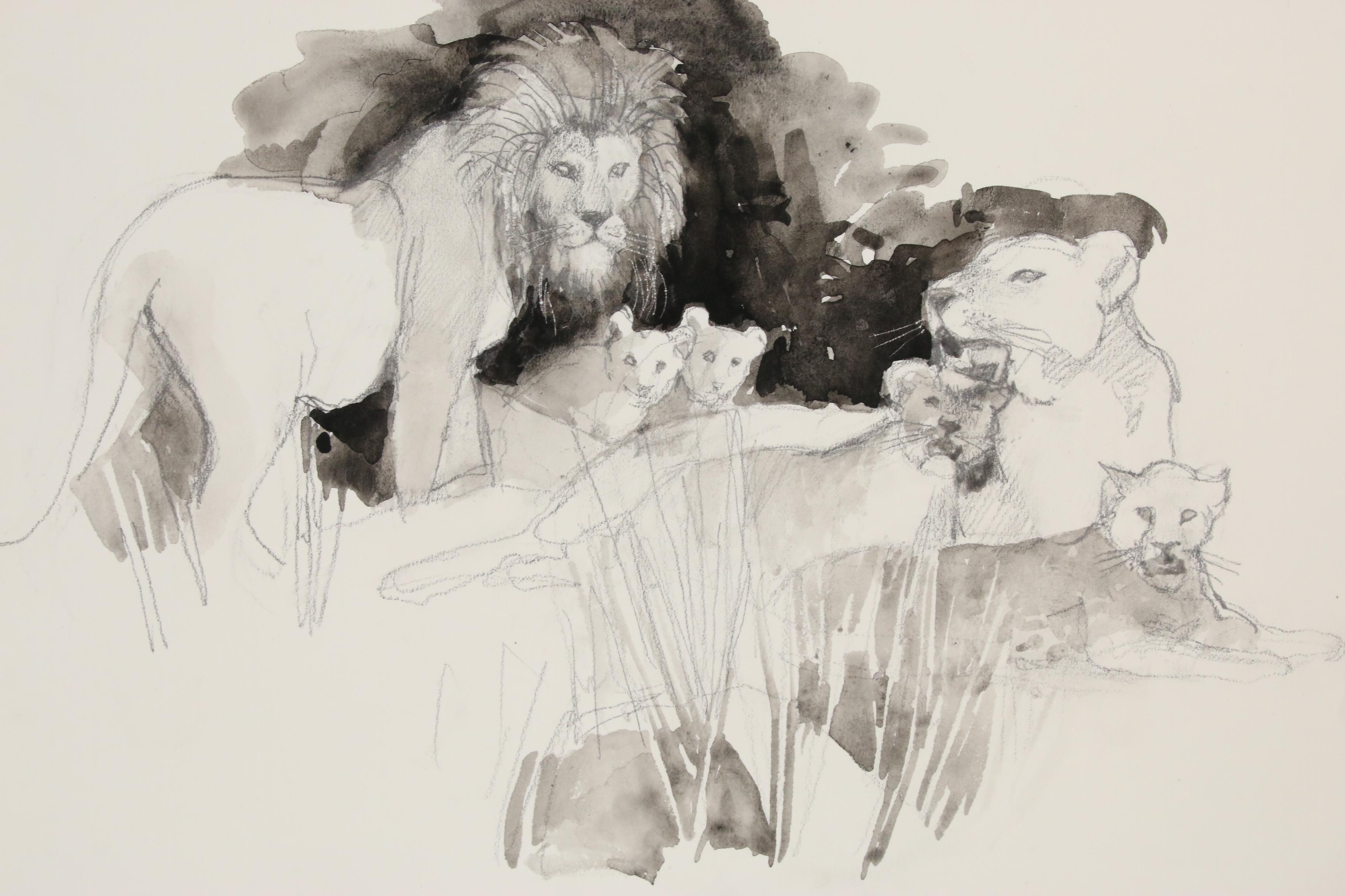 Daniel B. Schwartz Embellished Charcoal Drawings, Mid-Late 20th Century