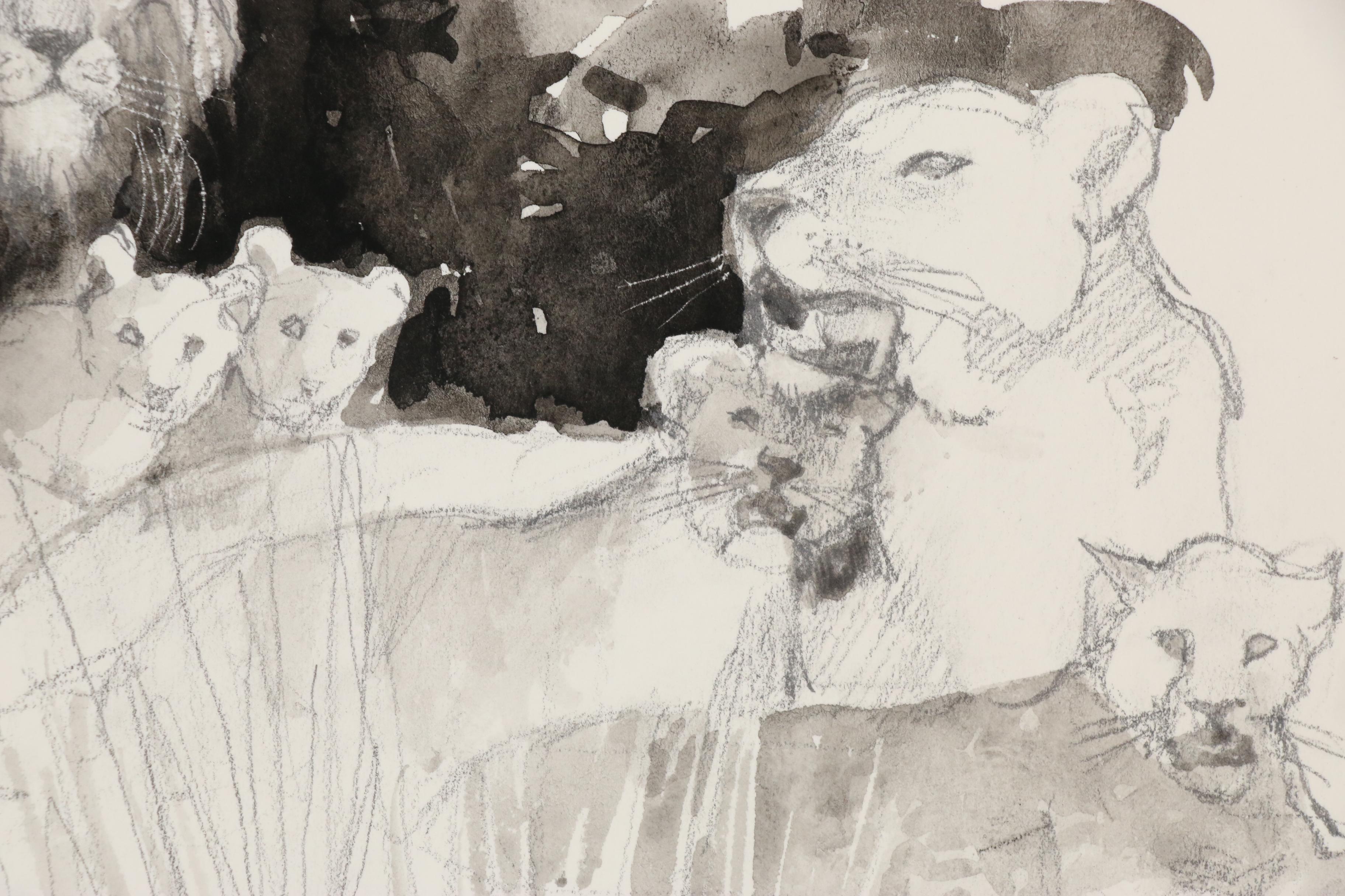 Daniel B. Schwartz Embellished Charcoal Drawings, Mid-Late 20th Century