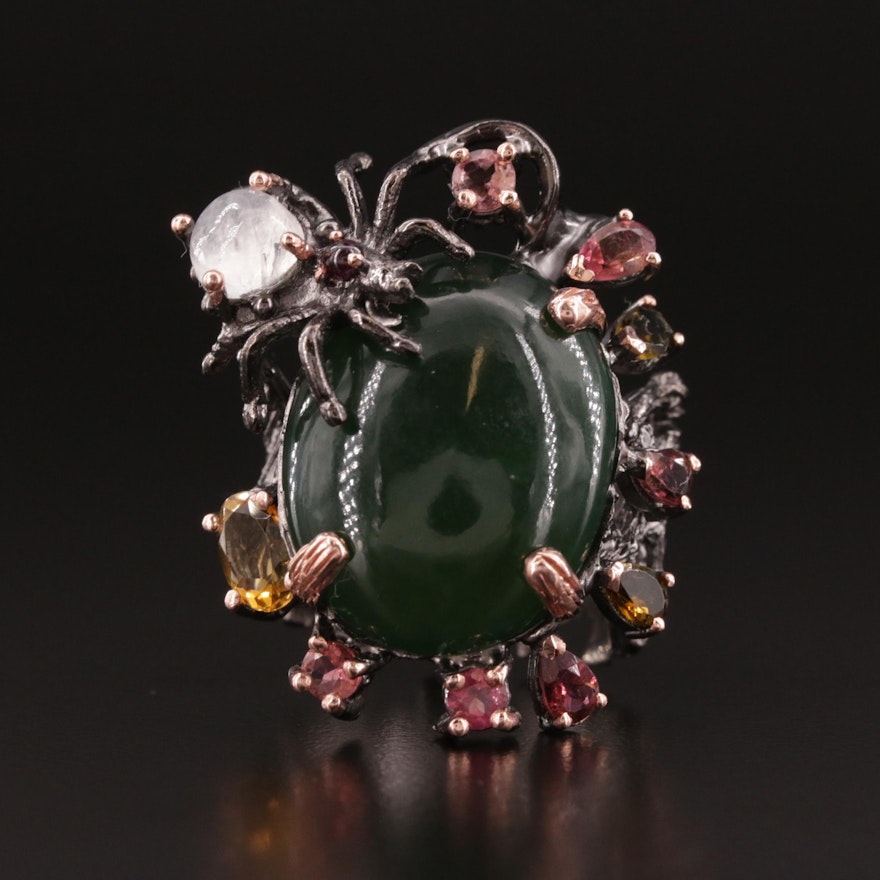 Oxidized Sterling Silver Nephrite and Gemstone Ring with Spider Motif