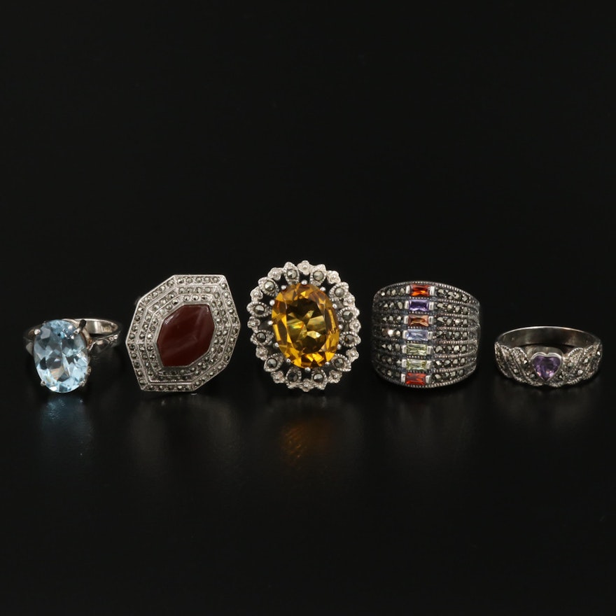 Sterling Silver Gemstone Ring Selection Including Topaz, Sardonyx, and Amethyst