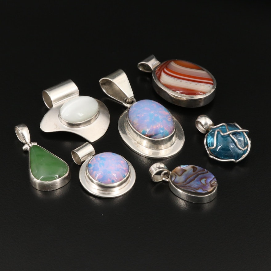 Sterling Silver Gemstone Pendants Featuring Agate, Abalone, and Nephrite