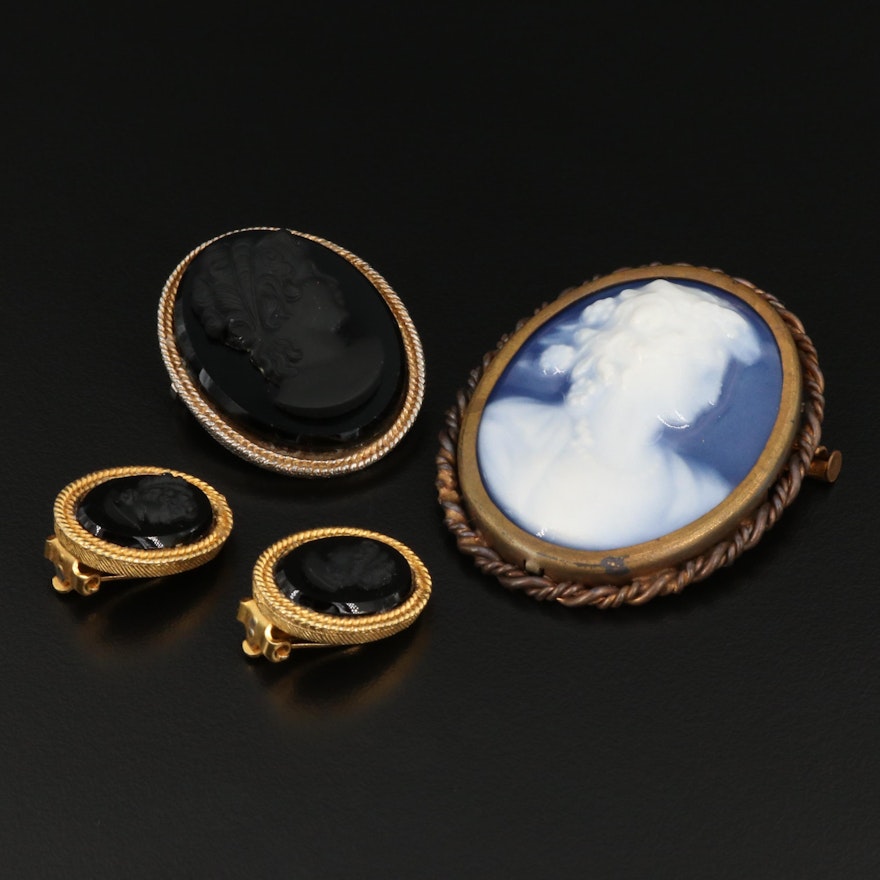 Limoges Porcelain Cameo Brooch With Black Glass Cameo Set