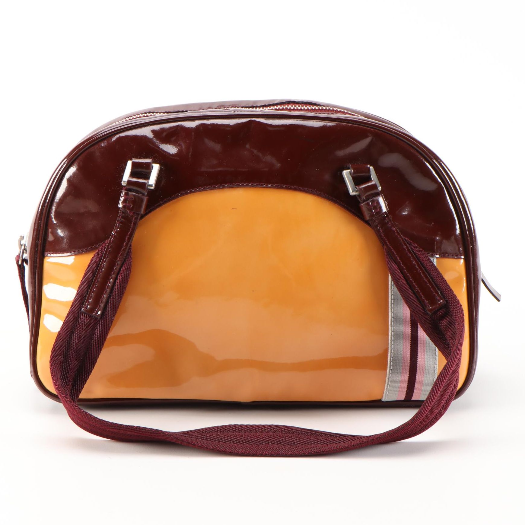 Prada Ribbon Stripe Shoulder Bag in Yellow Orange and Burgundy Patent Leather