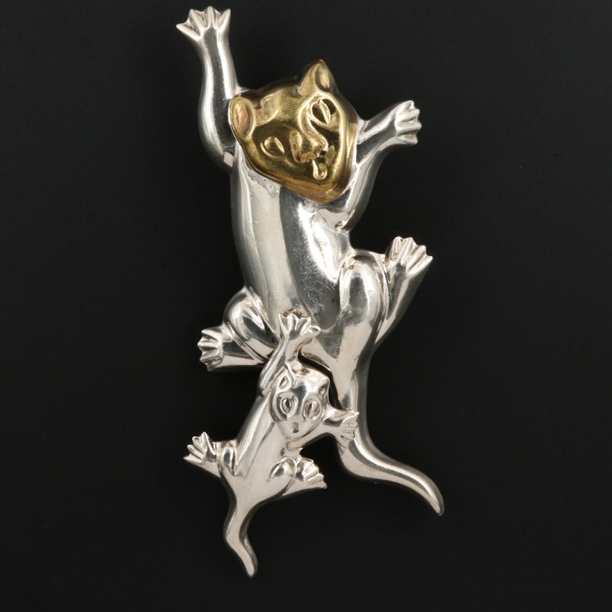 Mexican Sterling Cougar and Cub Brooch