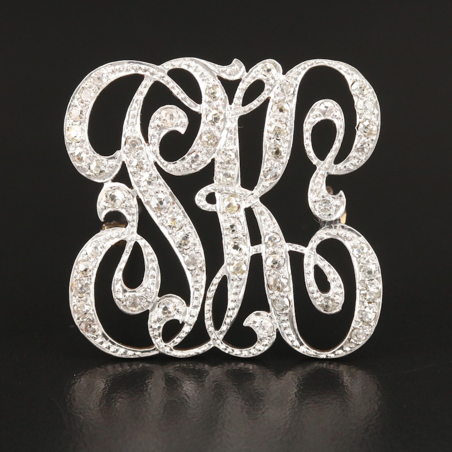 Vintage 14K and Platinum 1.70 CTW Diamond Monogram Converter Brooch