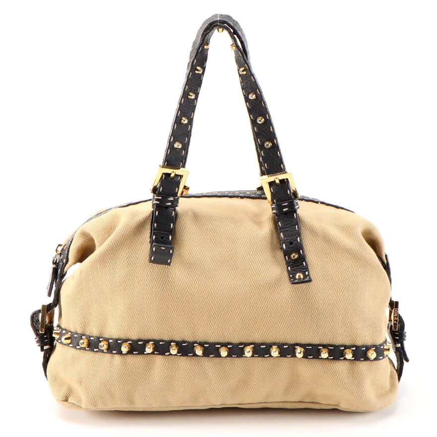 Fendi Canvas and Saddle Stitched Leather Selleria Satchel