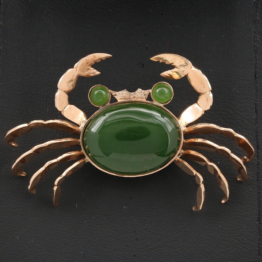 Vintage 14K Chalcedony Crab Brooch